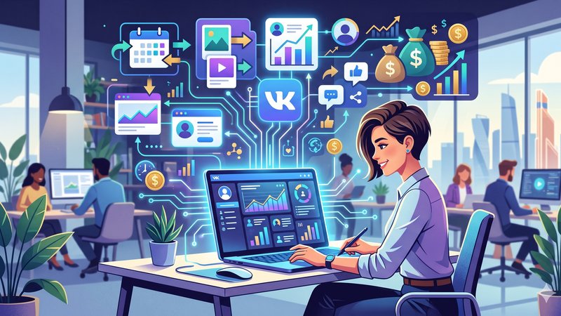 Современная иллюстрация инструментов автоматизации для администраторов групп ВКонтакте в футуристическом стиле 2026 года